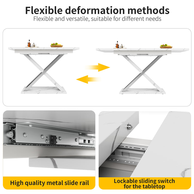 Table de Salle à Manger Extensible Blanche Effet Marbre avec Piètement Croisé et Rail Métallique (118-157cm) QHIKKOID
