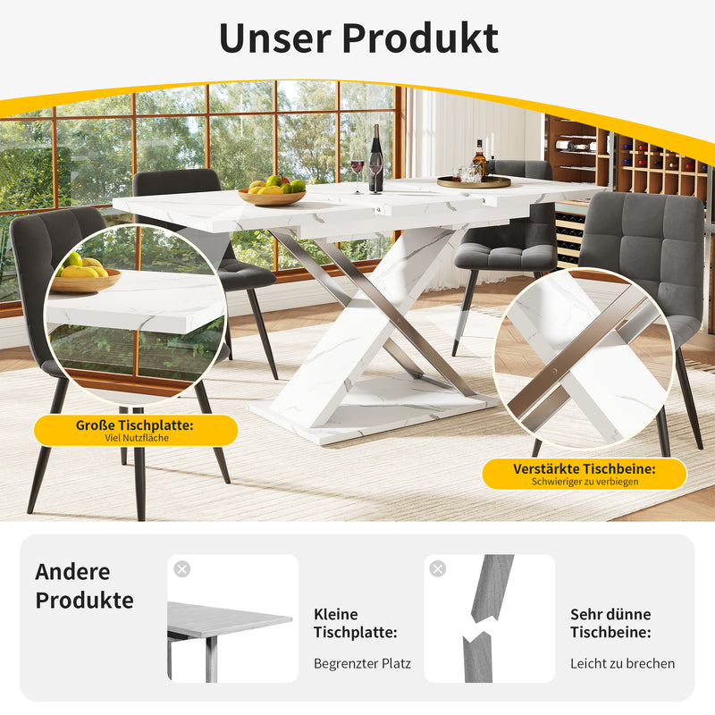 Table de Salle à Manger Extensible Blanche Effet Marbre avec Piètement Croisé et Rail Métallique (118-157cm) QHIKKOID