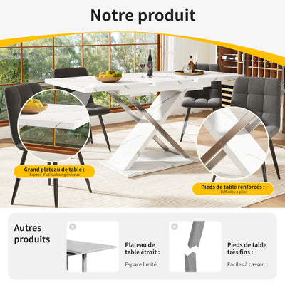 Table de Salle à Manger Extensible Blanche Effet Marbre avec Piètement Croisé et Rail Métallique (118-157cm) QHIKKOID