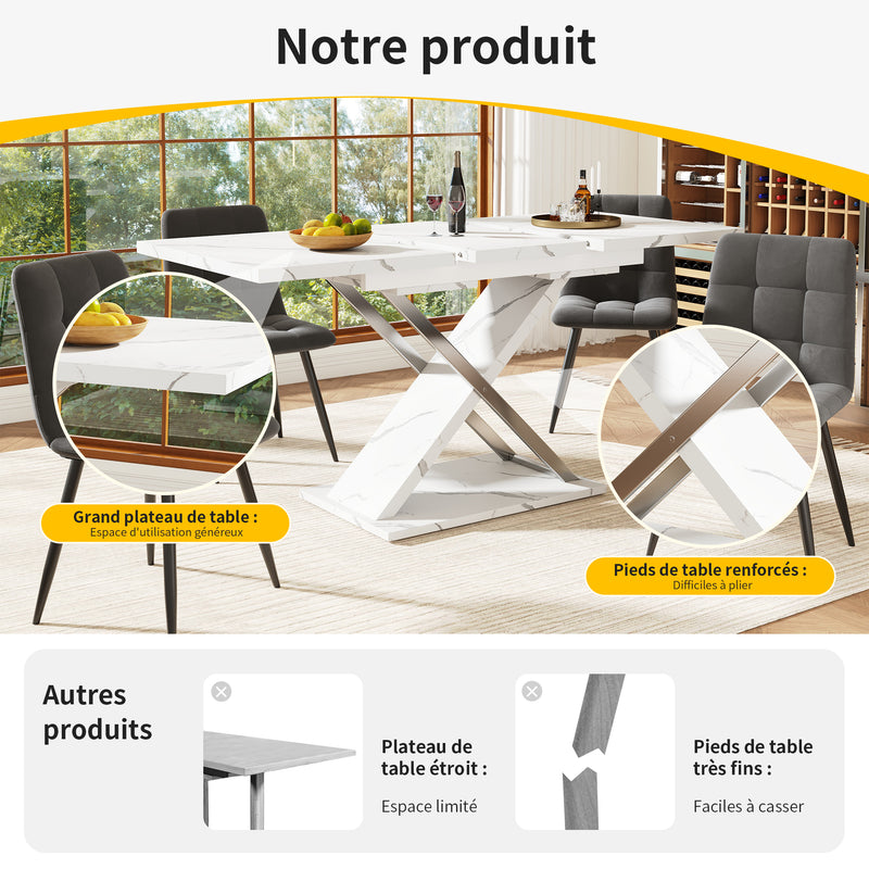Table de Salle à Manger Extensible Blanche Effet Marbre avec Piètement Croisé et Rail Métallique (118-157cm) QHIKKOID