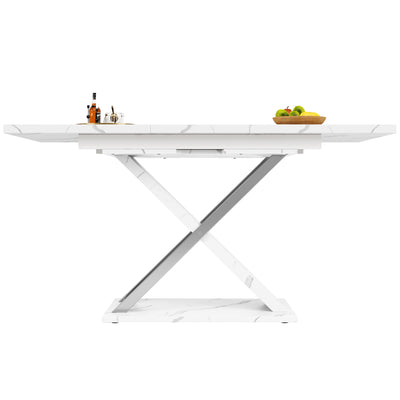 Table de Salle à Manger Extensible Blanche Effet Marbre avec Piètement Croisé et Rail Métallique (118-157cm) QHIKKOID