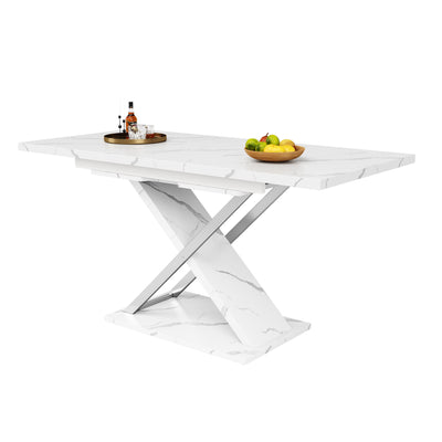 Table de Salle à Manger Extensible Blanche Effet Marbre avec Piètement Croisé et Rail Métallique (118-157cm) QHIKKOID
