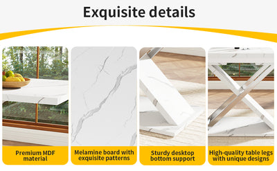 Table de Salle à Manger Extensible Blanche Effet Marbre avec Piètement Croisé et Rail Métallique (118-157cm) QHIKKOID