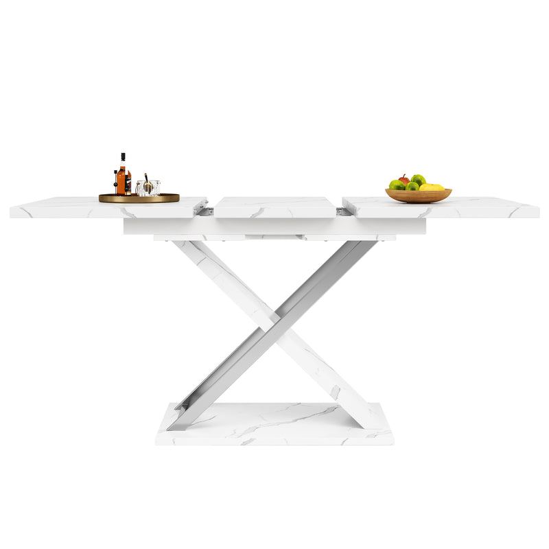 Table de Salle à Manger Extensible Blanche Effet Marbre avec Piètement Croisé et Rail Métallique (118-157cm) QHIKKOID