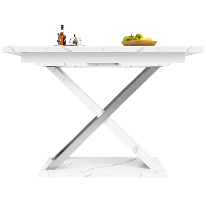 Table de Salle à Manger Extensible Blanche Effet Marbre avec Piètement Croisé et Rail Métallique (118-157cm) QHIKKOID