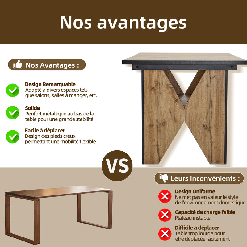 Table de Salle à Manger Rectangulaire Marron Clair Effet Bois avec Piètement Creux Design (138.5x80x75cm) QUNZIL