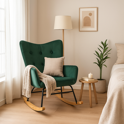 Scandinavian rocking chair in green velvet with light wooden legs EPPING SMALL VELVET GREEN