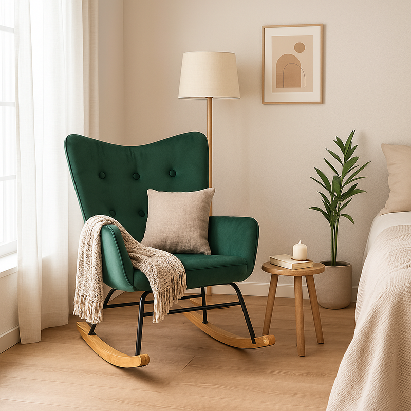Scandinavian rocking chair in green velvet with light wooden legs EPPING SMALL VELVET GREEN