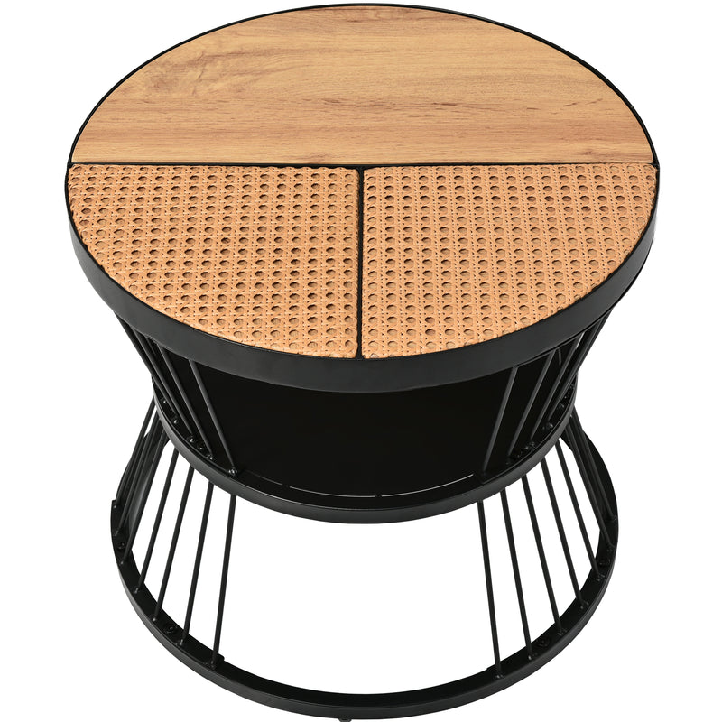 Table Basse Ronde Effet Rotin en MDF et Plastique Robuste – Marron (70x70x45cm) RAZENS