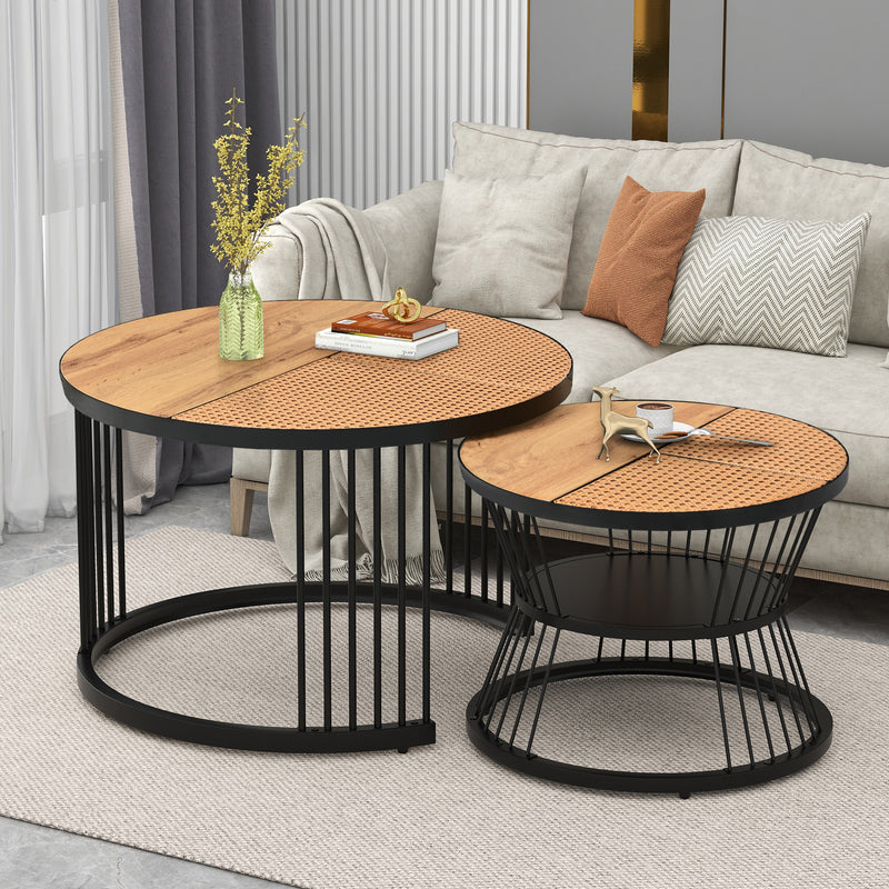 Table Basse Ronde Effet Rotin en MDF et Plastique Robuste – Marron (70x70x45cm) RAZENS