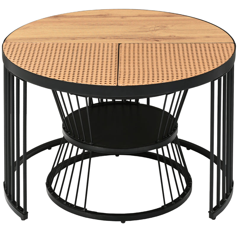 Table Basse Ronde Effet Rotin en MDF et Plastique Robuste – Marron (70x70x45cm) RAZENS