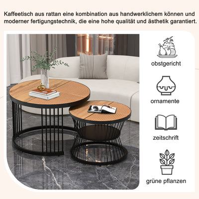 Table Basse Ronde Effet Rotin en MDF et Plastique Robuste – Marron (70x70x45cm) RAZENS
