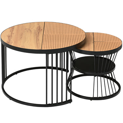 Table Basse Ronde Effet Rotin en MDF et Plastique Robuste – Marron (70x70x45cm) RAZENS