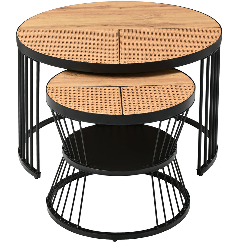 Table Basse Ronde Effet Rotin en MDF et Plastique Robuste – Marron (70x70x45cm) RAZENS