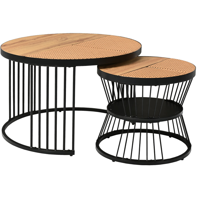 Table Basse Ronde Effet Rotin en MDF et Plastique Robuste – Marron (70x70x45cm) RAZENS