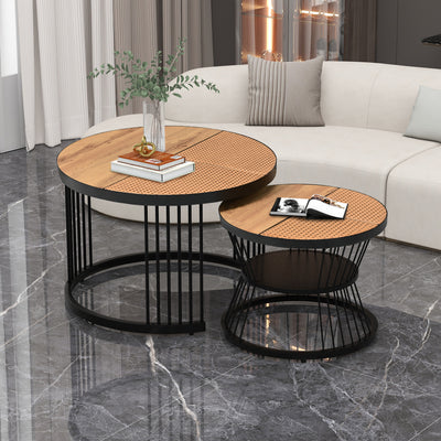 Table Basse Ronde Effet Rotin en MDF et Plastique Robuste – Marron (70x70x45cm) RAZENS
