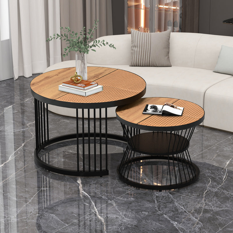 Table Basse Ronde Effet Rotin en MDF et Plastique Robuste – Marron (70x70x45cm) RAZENS