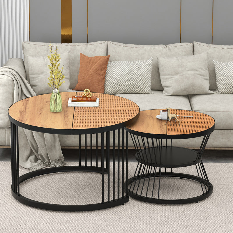 Table Basse Ronde Effet Rotin en MDF et Plastique Robuste – Marron (70x70x45cm) RAZENS