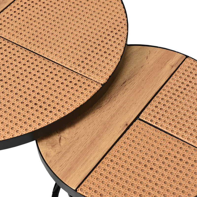 Table Basse Ronde Effet Rotin en MDF et Plastique Robuste – Marron (70x70x45cm) RAZENS