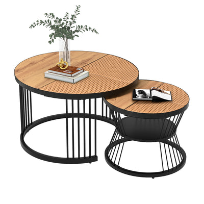 Table Basse Ronde Effet Rotin en MDF et Plastique Robuste – Marron (70x70x45cm) RAZENS