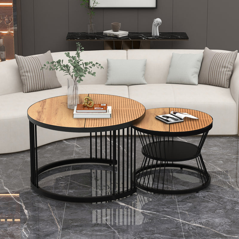 Table Basse Ronde Effet Rotin en MDF et Plastique Robuste – Marron (70x70x45cm) RAZENS