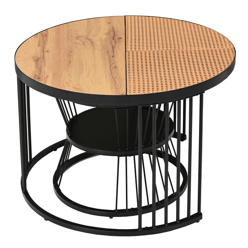 Table Basse Ronde Effet Rotin en MDF et Plastique Robuste – Marron (70x70x45cm) RAZENS