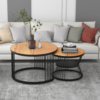 Table Basse Ronde Effet Rotin en MDF et Plastique Robuste – Marron (70x70x45cm) RAZENS