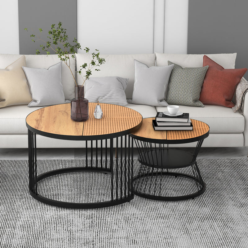 Table Basse Ronde Effet Rotin en MDF et Plastique Robuste – Marron (70x70x45cm) RAZENS