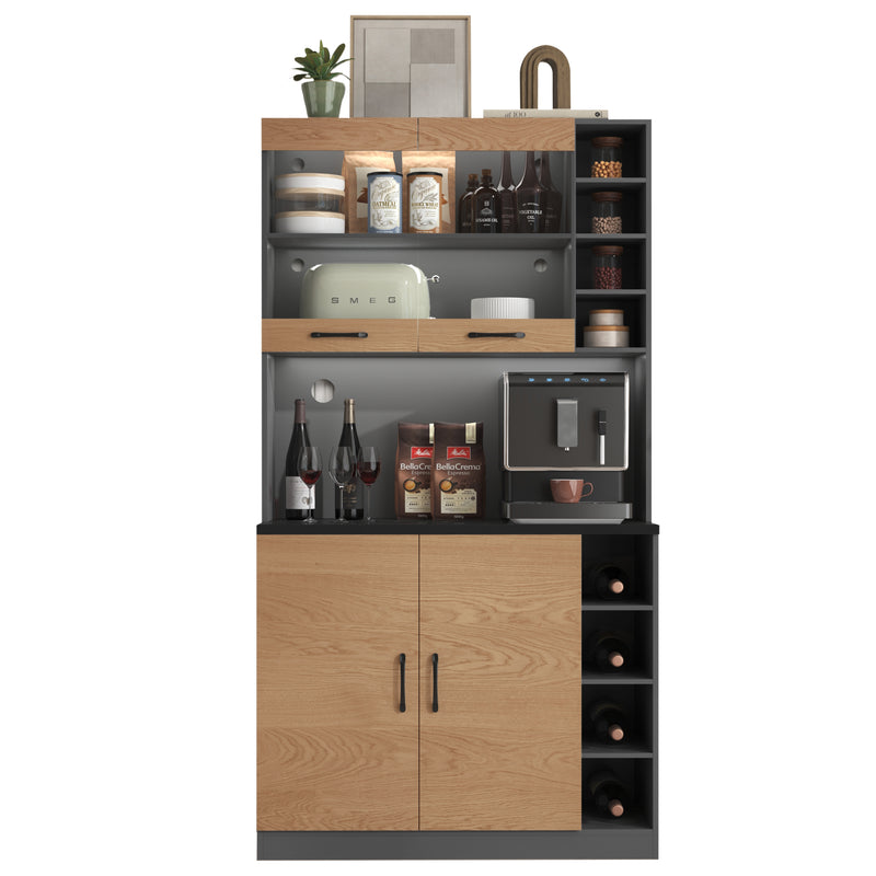 Armoire de Cuisine Polyvalente Grise/Naturelle avec Portes Vitrées LED, Rangement Ajustable et Espace Micro-ondes RIHLAIH