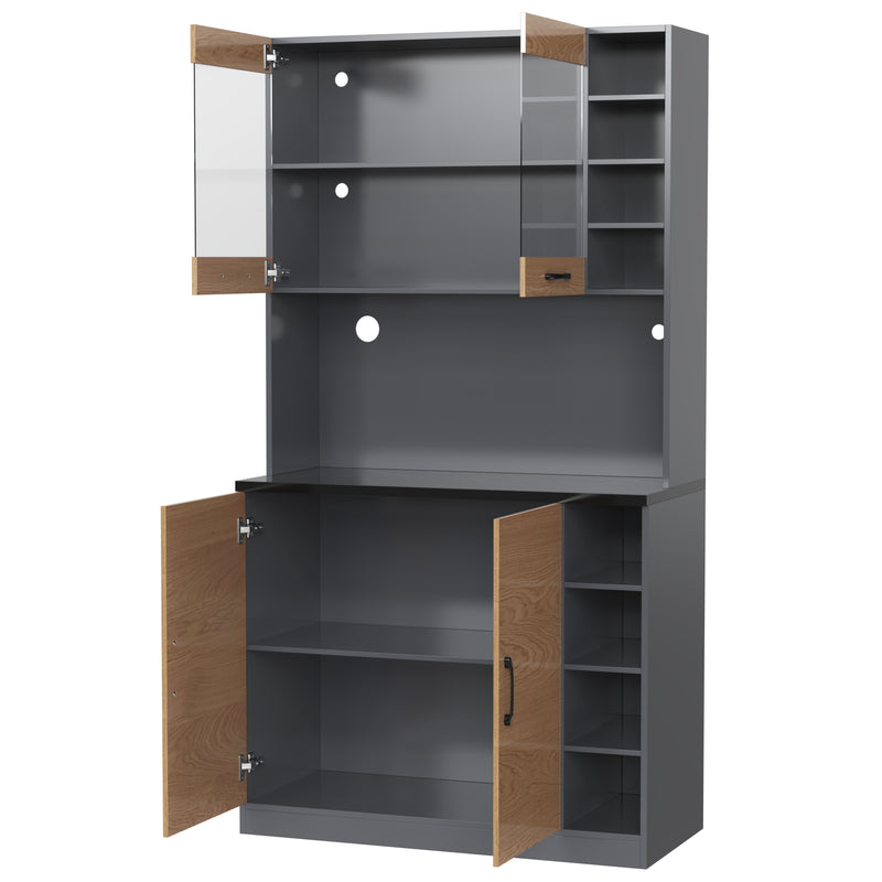 Armoire de Cuisine Polyvalente Grise/Naturelle avec Portes Vitrées LED, Rangement Ajustable et Espace Micro-ondes RIHLAIH