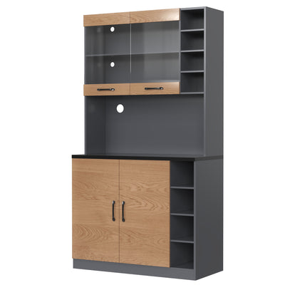 Armoire de Cuisine Polyvalente Grise/Naturelle avec Portes Vitrées LED, Rangement Ajustable et Espace Micro-ondes RIHLAIH