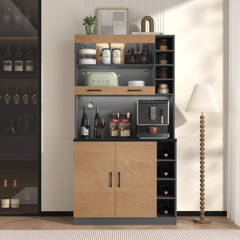 Armoire de Cuisine Polyvalente Grise/Naturelle avec Portes Vitrées LED, Rangement Ajustable et Espace Micro-ondes RIHLAIH
