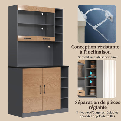 Armoire de Cuisine Polyvalente Grise/Naturelle avec Portes Vitrées LED, Rangement Ajustable et Espace Micro-ondes RIHLAIH