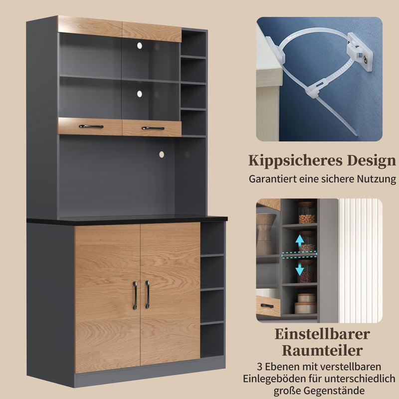 Armoire de Cuisine Polyvalente Grise/Naturelle avec Portes Vitrées LED, Rangement Ajustable et Espace Micro-ondes RIHLAIH