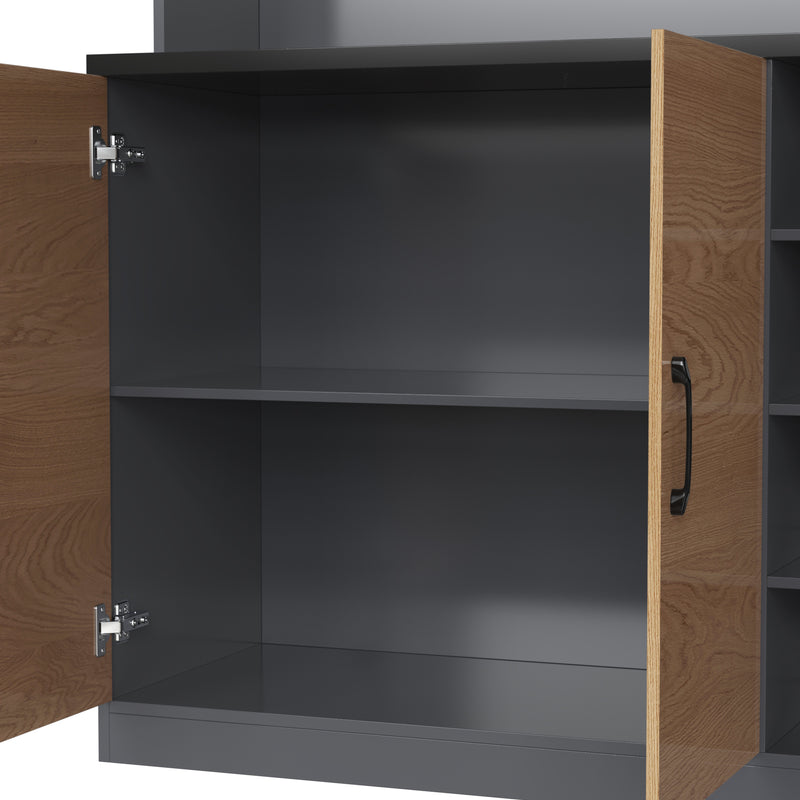 Armoire de Cuisine Polyvalente Grise/Naturelle avec Portes Vitrées LED, Rangement Ajustable et Espace Micro-ondes RIHLAIH