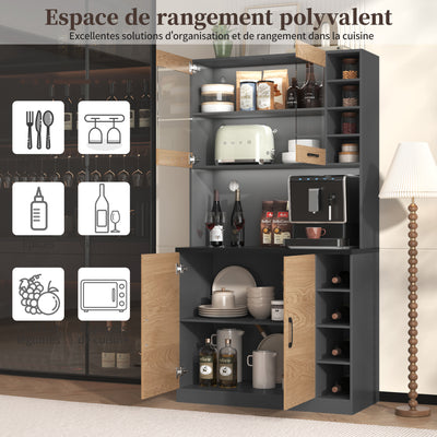 Armoire de Cuisine Polyvalente Grise/Naturelle avec Portes Vitrées LED, Rangement Ajustable et Espace Micro-ondes RIHLAIH