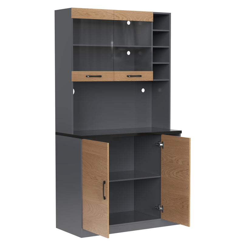 Armoire de Cuisine Polyvalente Grise/Naturelle avec Portes Vitrées LED, Rangement Ajustable et Espace Micro-ondes RIHLAIH