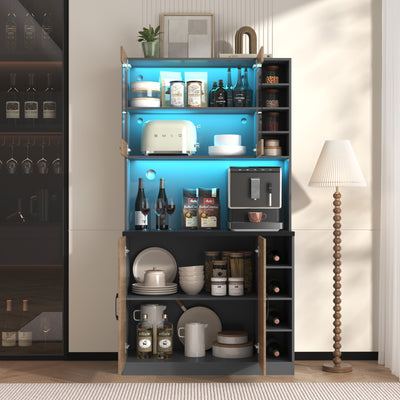 Armoire de Cuisine Polyvalente Grise/Naturelle avec Portes Vitrées LED, Rangement Ajustable et Espace Micro-ondes RIHLAIH