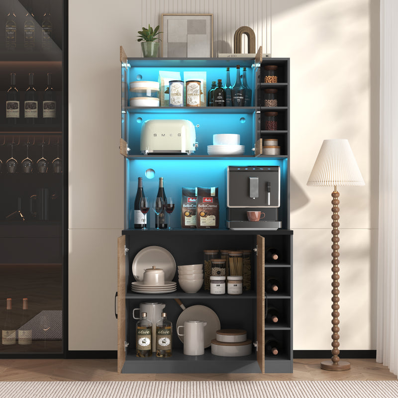 Armoire de Cuisine Polyvalente Grise/Naturelle avec Portes Vitrées LED, Rangement Ajustable et Espace Micro-ondes RIHLAIH