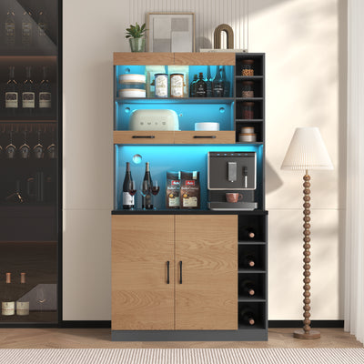 Armoire de Cuisine Polyvalente Grise/Naturelle avec Portes Vitrées LED, Rangement Ajustable et Espace Micro-ondes RIHLAIH