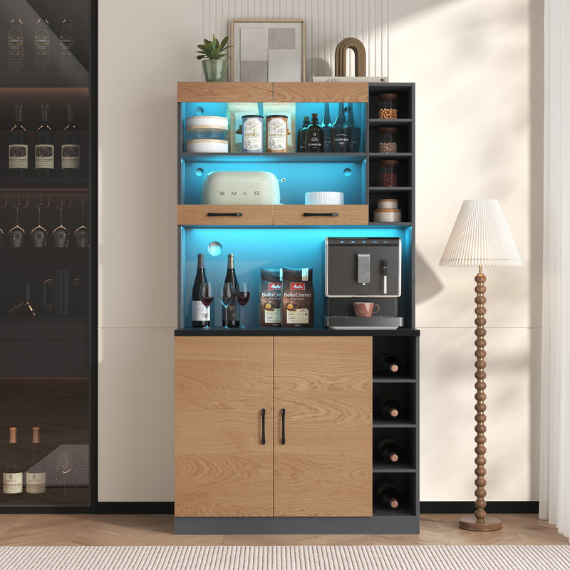 Armoire de Cuisine Polyvalente Grise/Naturelle avec Portes Vitrées LED, Rangement Ajustable et Espace Micro-ondes RIHLAIH