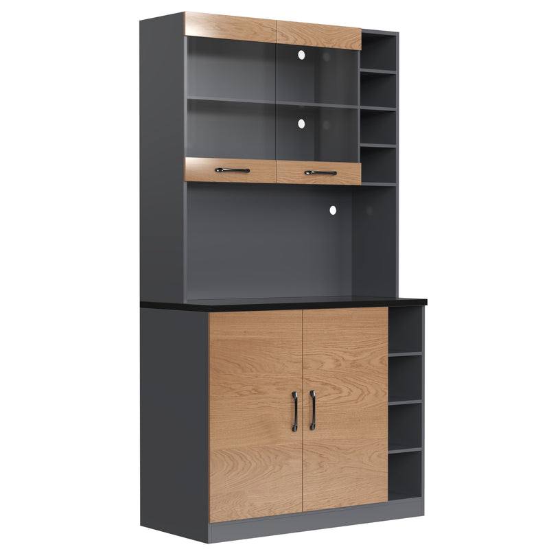 Armoire de Cuisine Polyvalente Grise/Naturelle avec Portes Vitrées LED, Rangement Ajustable et Espace Micro-ondes RIHLAIH