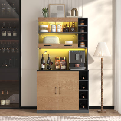 Armoire de Cuisine Polyvalente Grise/Naturelle avec Portes Vitrées LED, Rangement Ajustable et Espace Micro-ondes RIHLAIH
