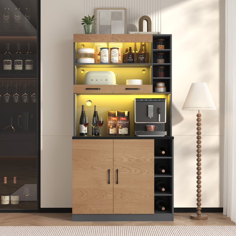 Armoire de Cuisine Polyvalente Grise/Naturelle avec Portes Vitrées LED, Rangement Ajustable et Espace Micro-ondes RIHLAIH