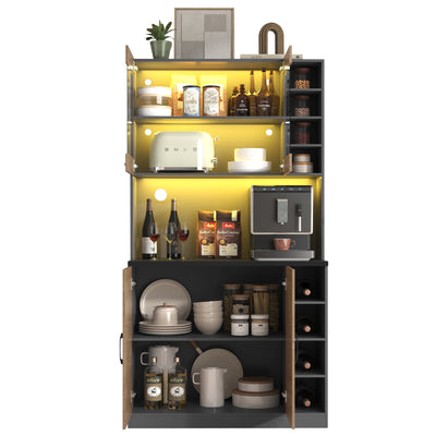 Armoire de Cuisine Polyvalente Grise/Naturelle avec Portes Vitrées LED, Rangement Ajustable et Espace Micro-ondes RIHLAIH