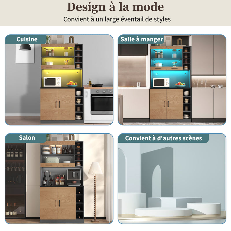 Armoire de Cuisine Polyvalente Grise/Naturelle avec Portes Vitrées LED, Rangement Ajustable et Espace Micro-ondes RIHLAIH