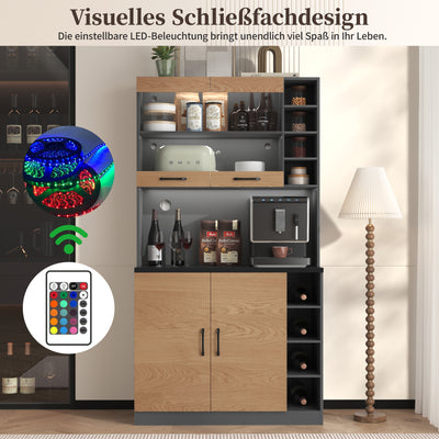 Armoire de Cuisine Polyvalente Grise/Naturelle avec Portes Vitrées LED, Rangement Ajustable et Espace Micro-ondes RIHLAIH