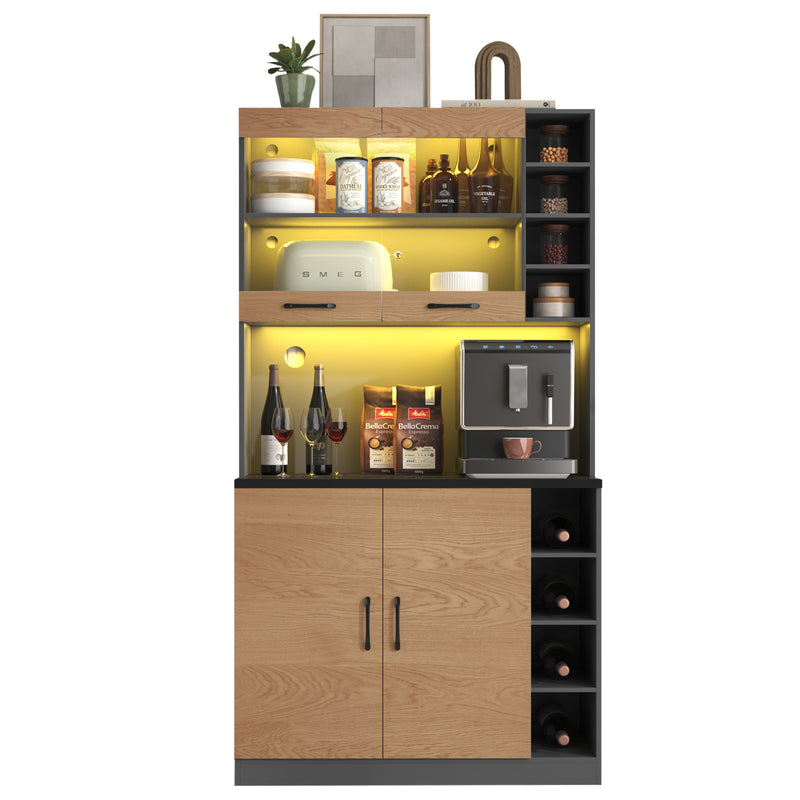 Armoire de Cuisine Polyvalente Grise/Naturelle avec Portes Vitrées LED, Rangement Ajustable et Espace Micro-ondes RIHLAIH