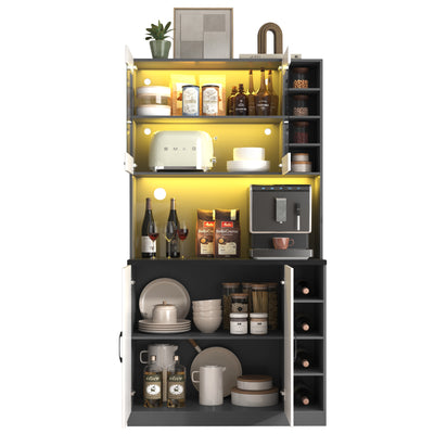 Armoire de Cuisine Polyvalente Grise/Naturelle avec Portes Vitrées LED, Rangement Ajustable et Espace Micro-ondes RIHLAIH