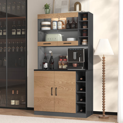Armoire de Cuisine Polyvalente Grise/Naturelle avec Portes Vitrées LED, Rangement Ajustable et Espace Micro-ondes RIHLAIH